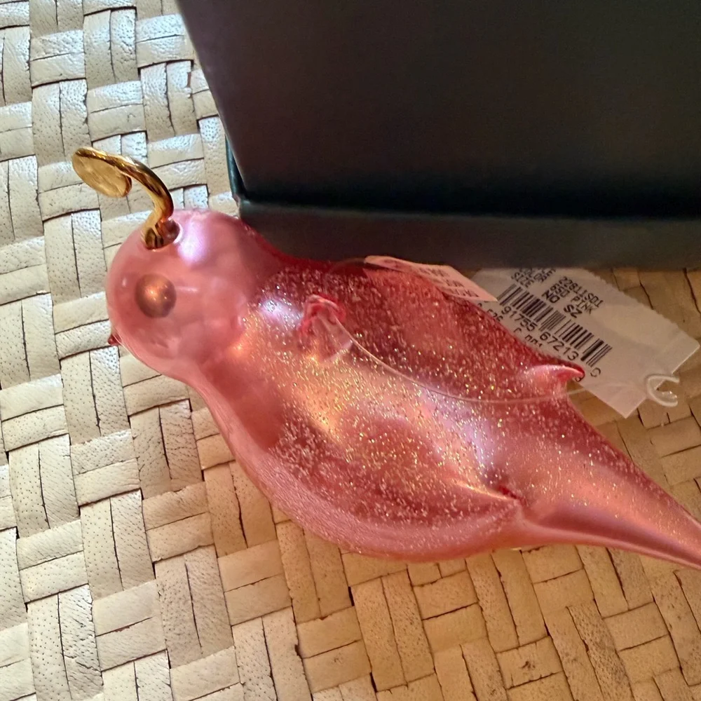 Pink Bird Blown Glass glitter Feather Hanging Ornament 6”
